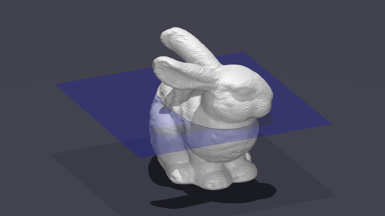 CT再構成結果：うさぎ型ファントムの水平断面位置を示す青色平面