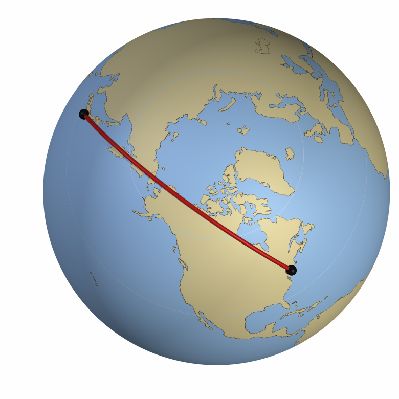 地球儀の上に描いた東京とニューヨークを結ぶ赤い大圏航路。球面上ではほぼまっすぐな最短経路として、北太平洋・北極付近を通って延びている。