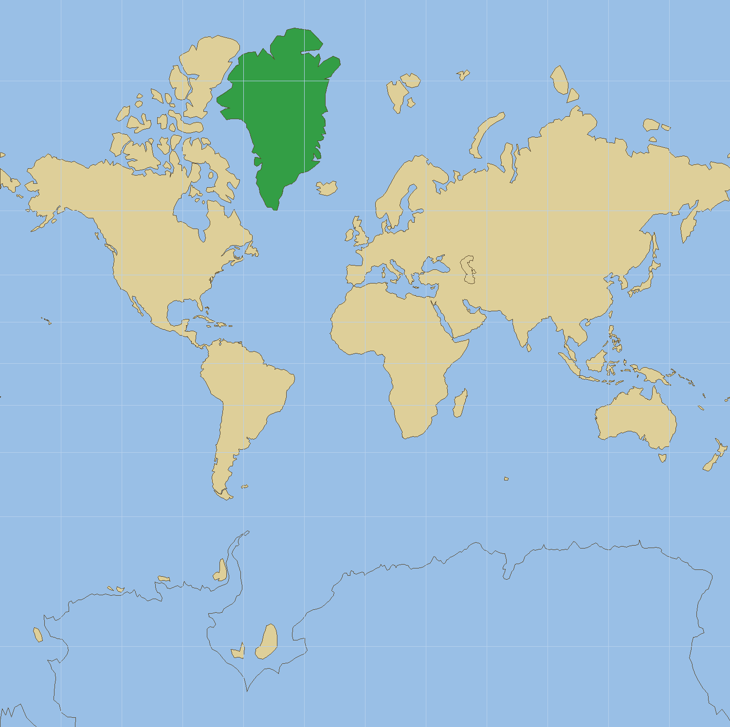 メルカトル図法の世界地図。緯線・経線の格子つき。高緯度が引き伸ばされ、赤いグリーンランドがアフリカ大陸ほどの大きさに膨れて見える。