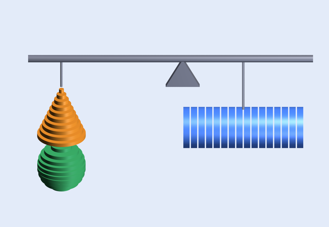 A 3D balance illustrating the integral approximation. On the left (lever arm 2r) hang the whole staircase cone (orange) and sphere (green), each approximated by a dozen or so stacked thin slabs. On the right (lever arm r) hangs the cylinder (blue), cut into a dozen or so slabs and laid sideways, suspended at its centroid x=r. The beam is level (balanced).