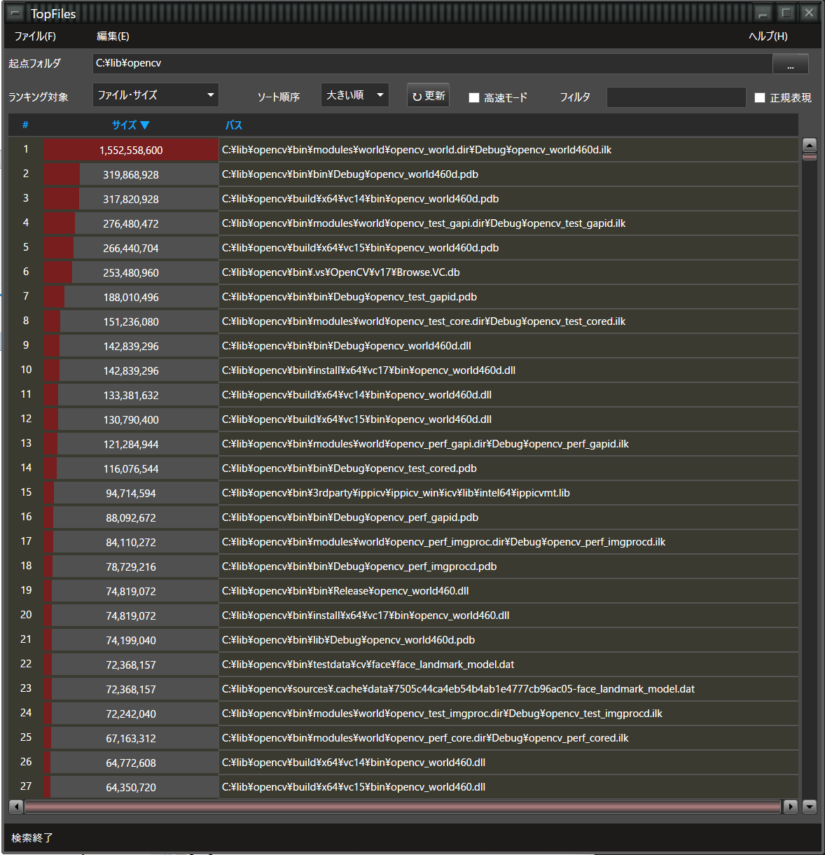 TopFiles の使用イメージ — ファイルをサイズ順にランキング表示