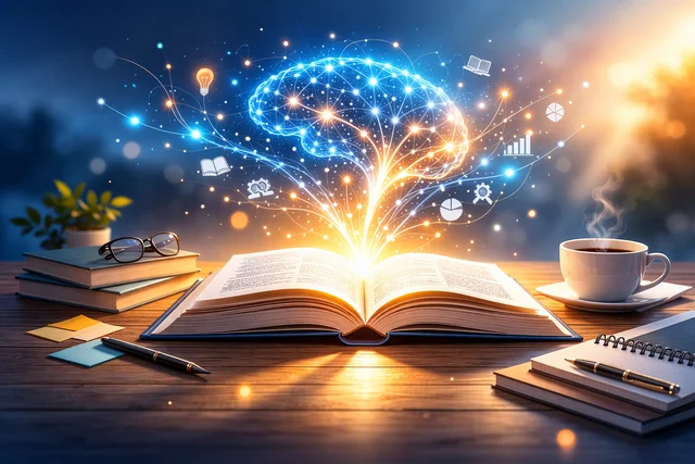 開いた本から脳のネットワークが広がるイメージ
