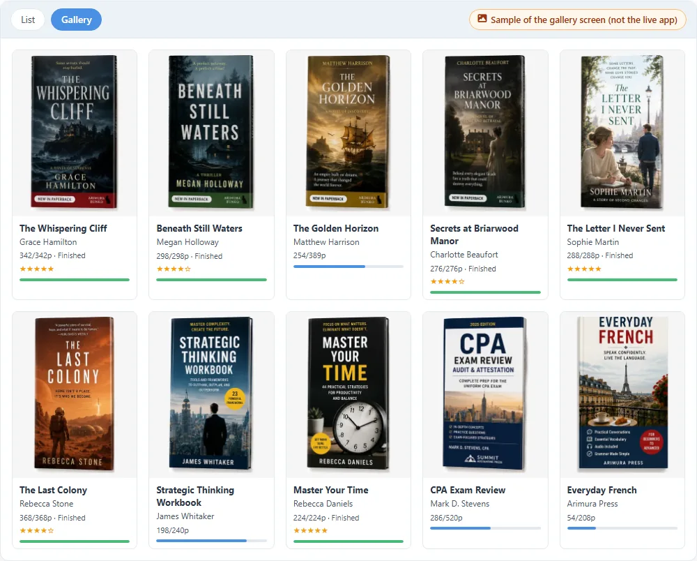 Reading Forest gallery view: book covers side by side with progress and ratings (sample screen)