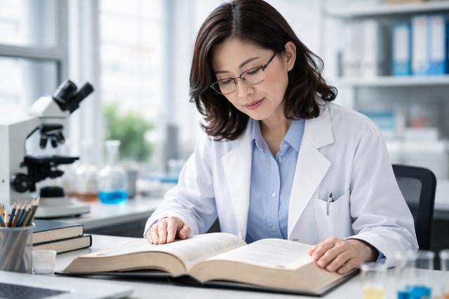 眼鏡をかけて本を読む女性