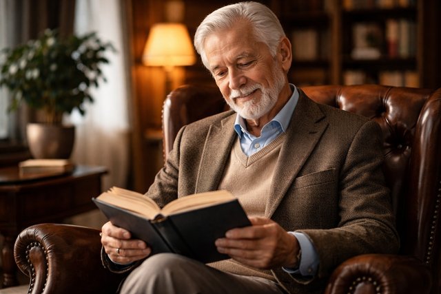 書斎で読書を楽しむ紳士