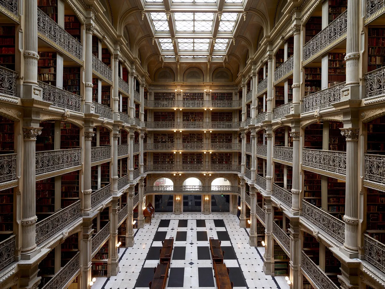 The George Peabody Library in Baltimore, a grand multi-story atrium of bookshelves
