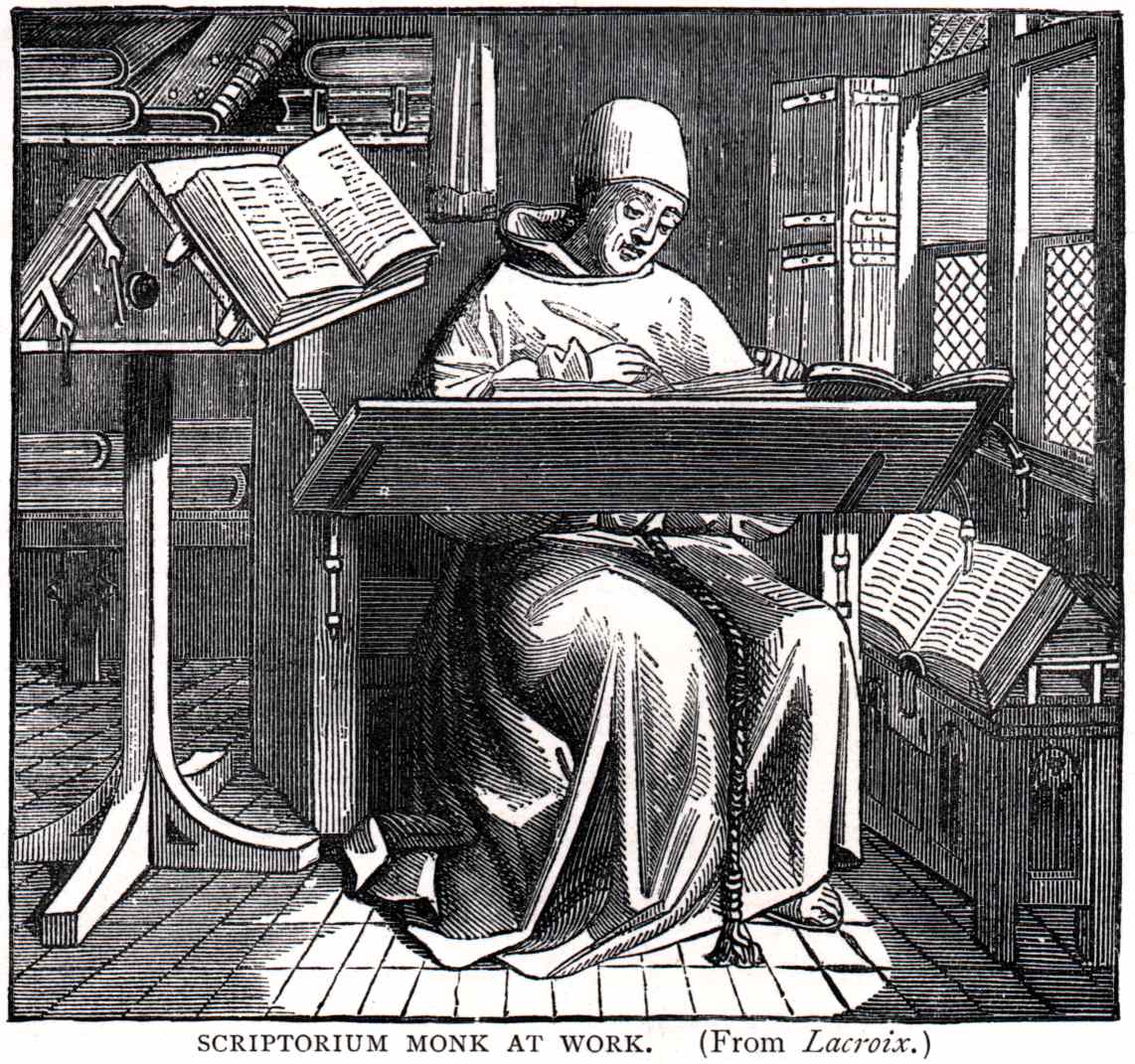 Monk copying manuscripts in a scriptorium