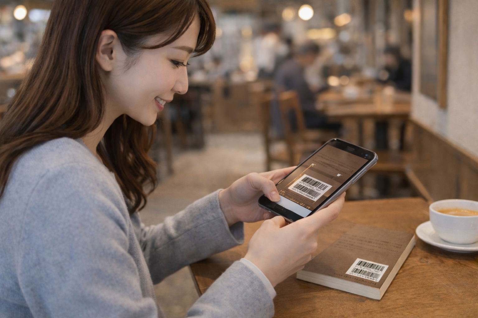スマートフォンで本のISBNバーコードをスキャンしているところ