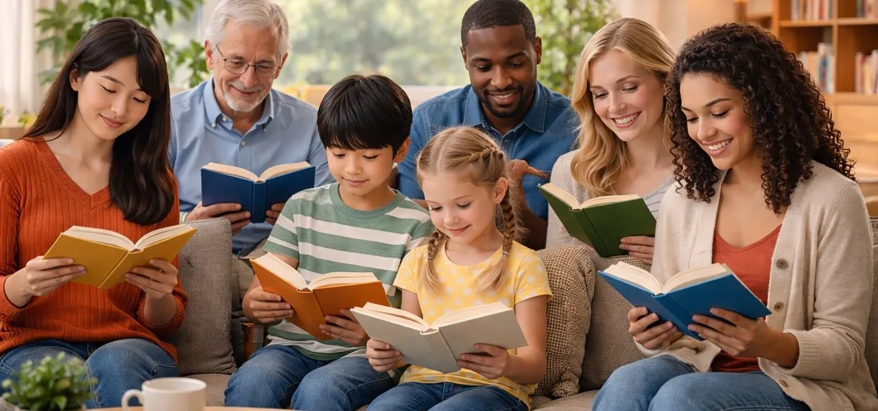 People of various ages reading books in a library
