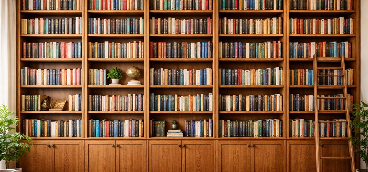Many books arranged on a bookshelf