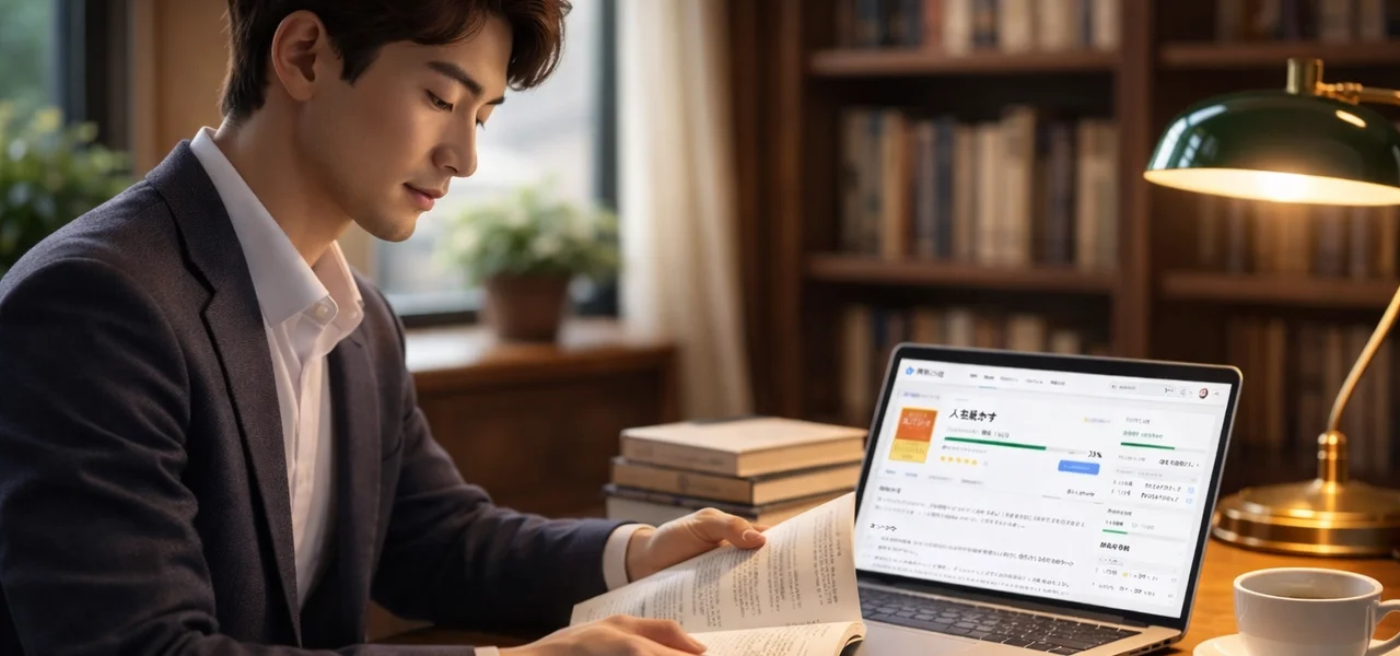 書斎で参考書とノートPCを使って資格試験の勉強をする社会人