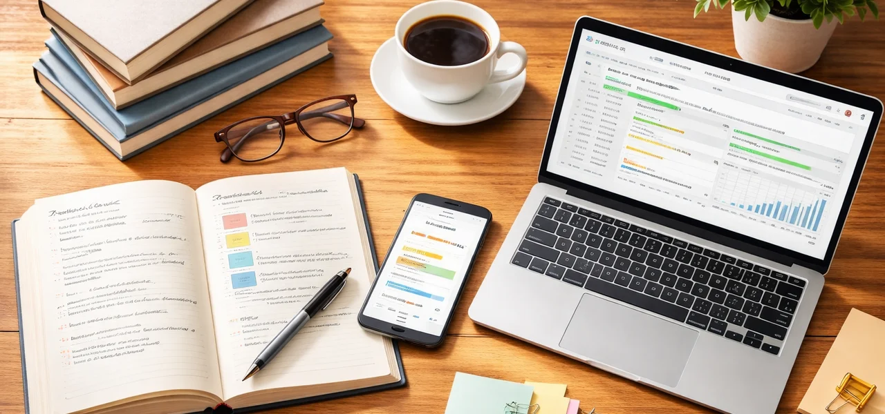 Paper notebook, smartphone app, and laptop spreadsheet — three ways to keep reading records on a desk