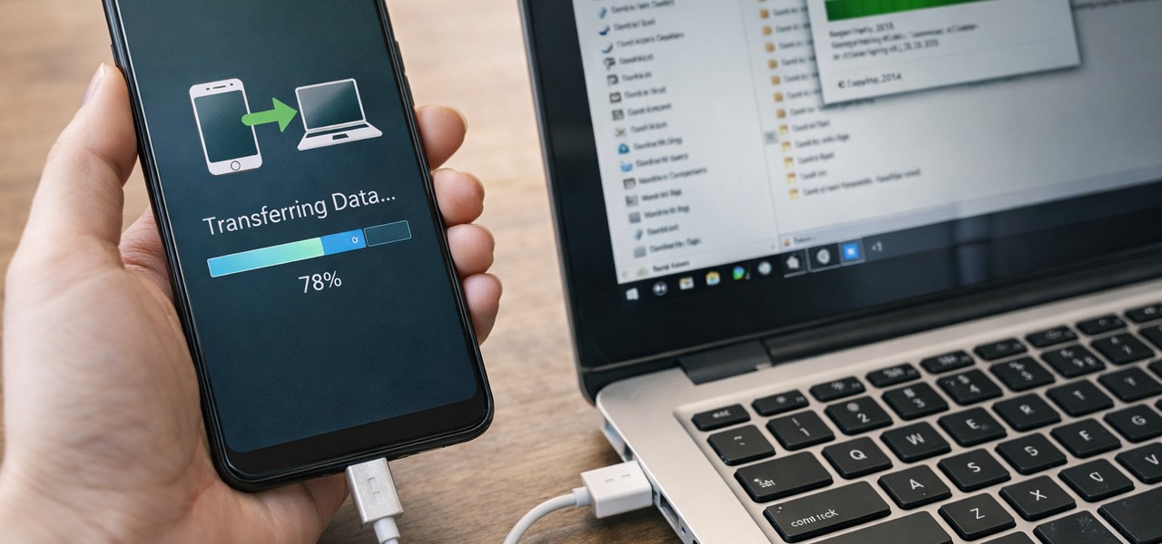 スマートフォンとノートパソコンでデータを転送している様子