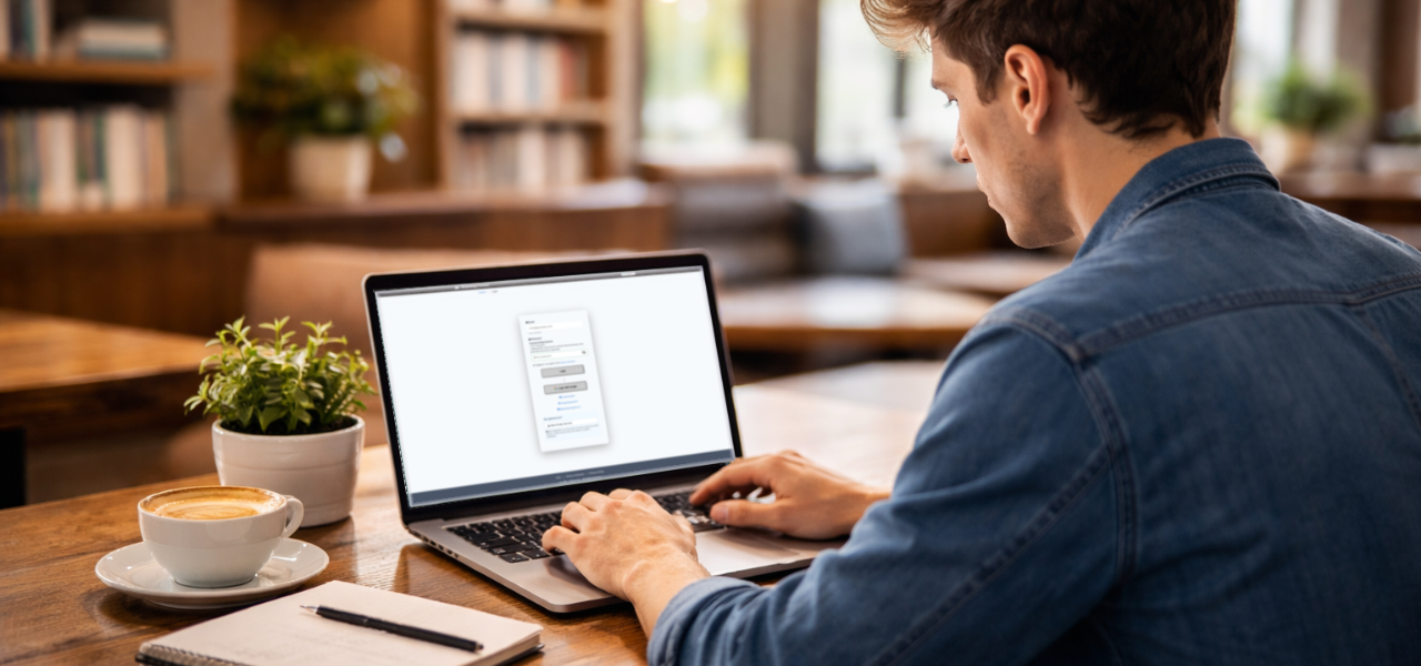 A young man logging in to a reading app on his laptop at a cafe