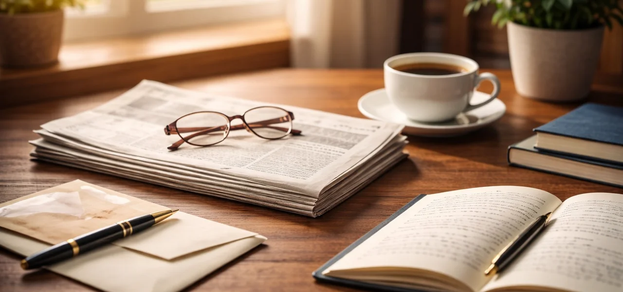 Newspaper, glasses, notebook, and coffee cup on a wooden desk