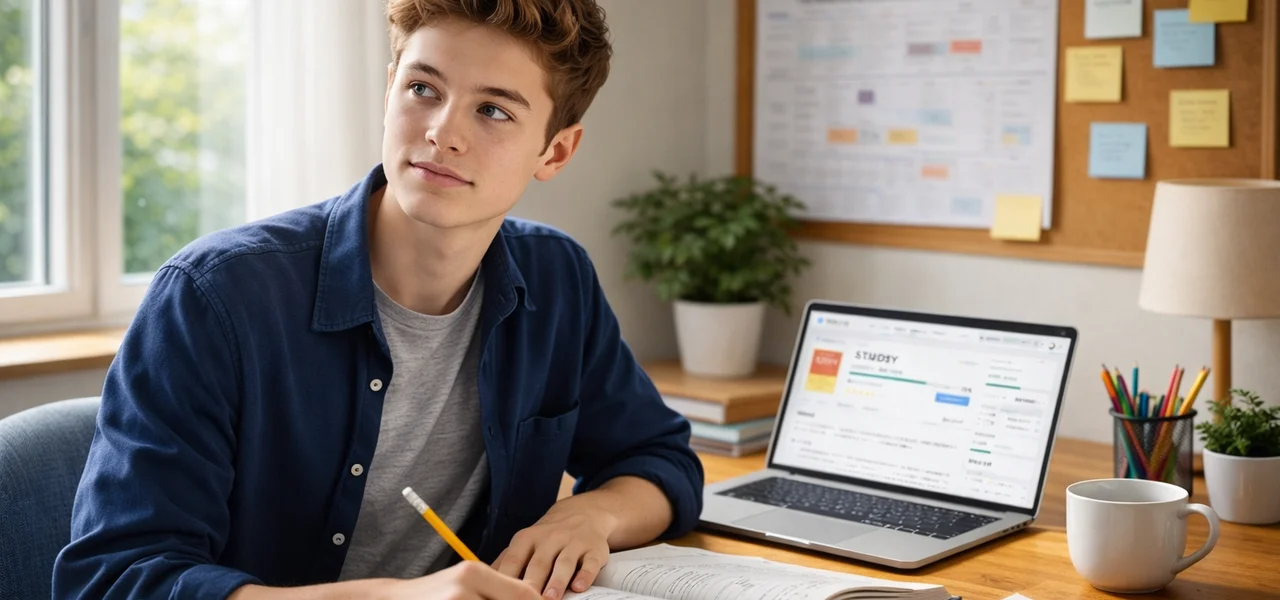 Student studying with textbooks and laptop at a bright desk with a study schedule