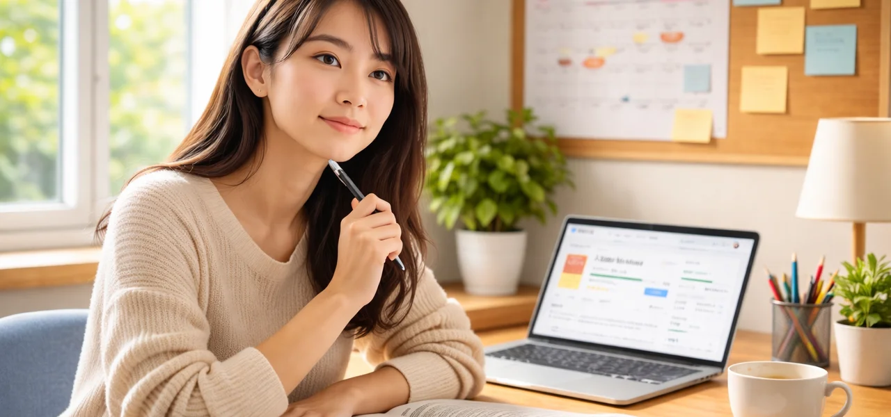 明るい勉強机で参考書とノートPCを使って計画的に学習する学生