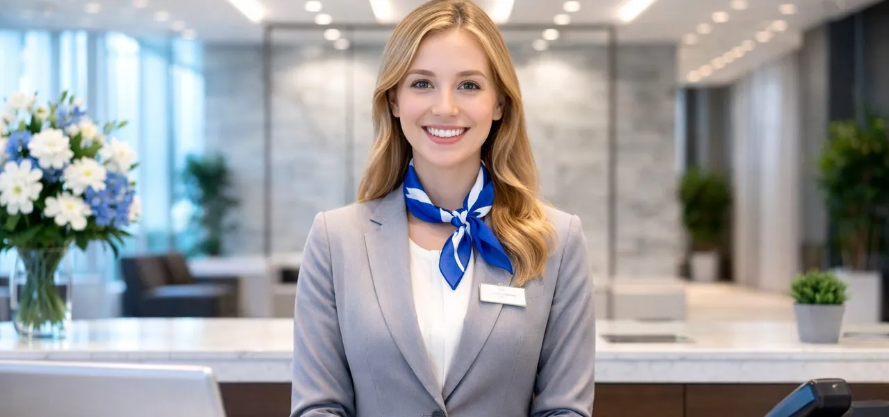 Receptionist welcoming you at the front desk