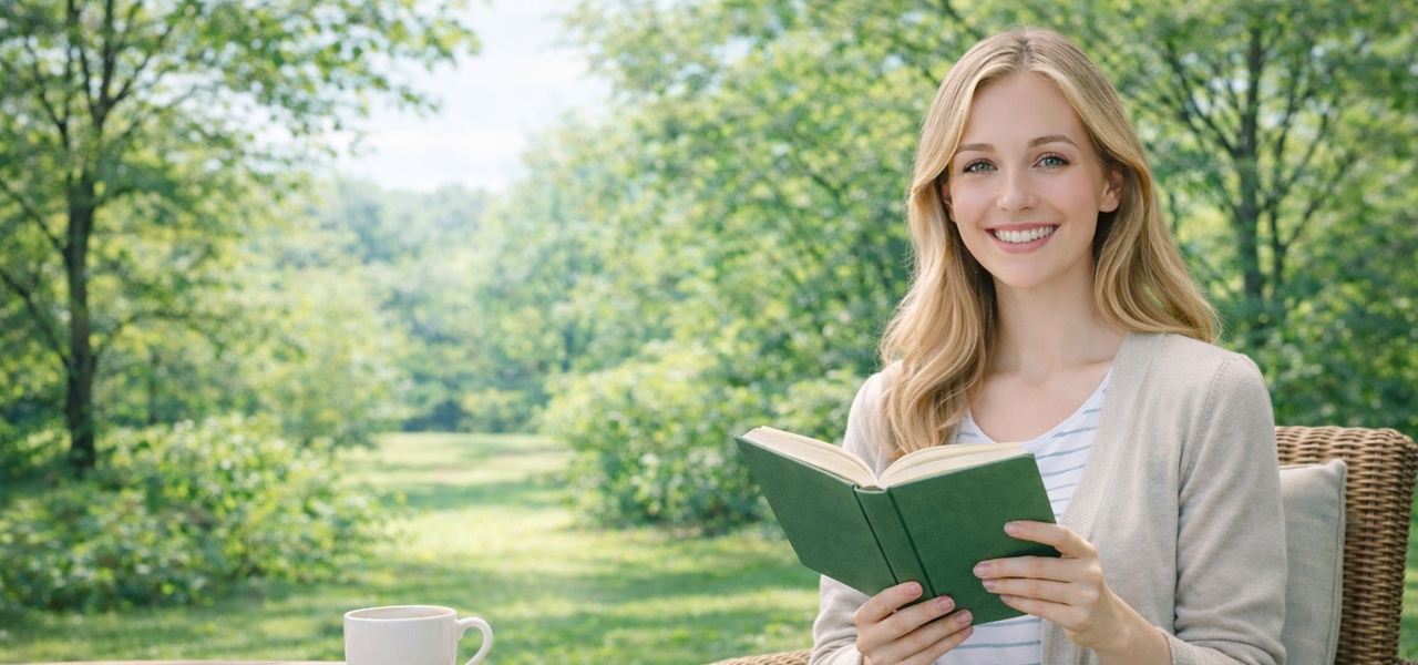 Woman reading a book with coffee cup