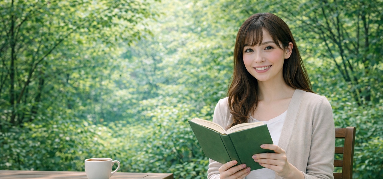 本を読む女性とコーヒーカップ