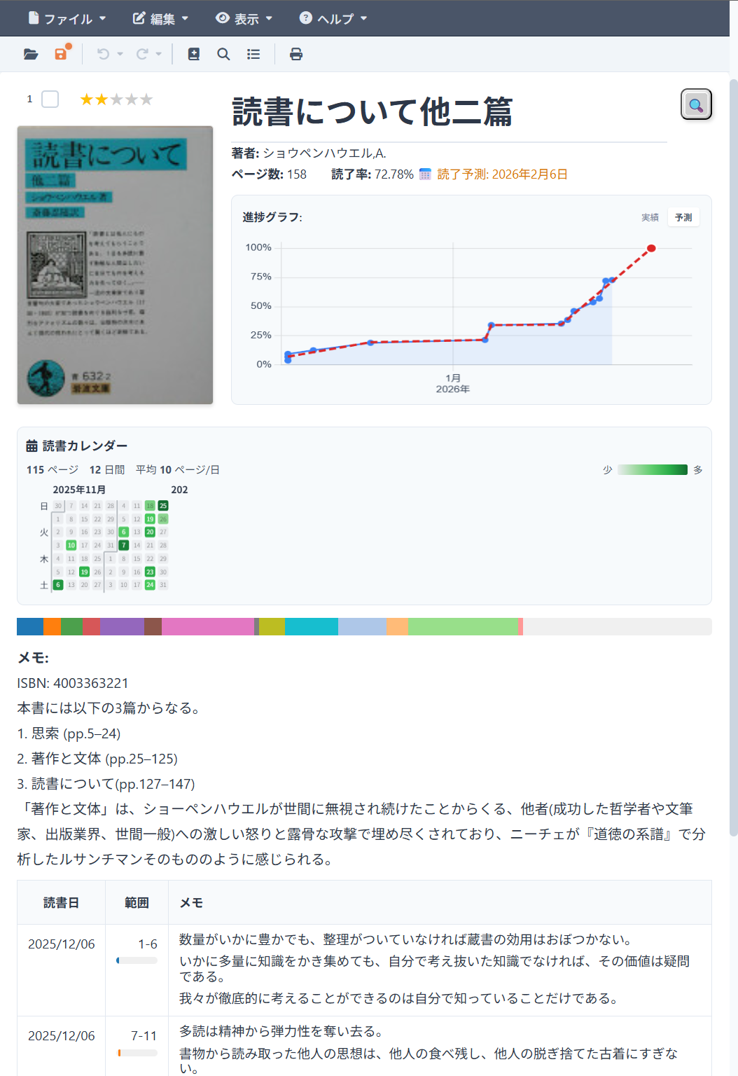 読書の森 - 書籍詳細画面（進捗グラフ、読書カレンダー、メモ一覧）
