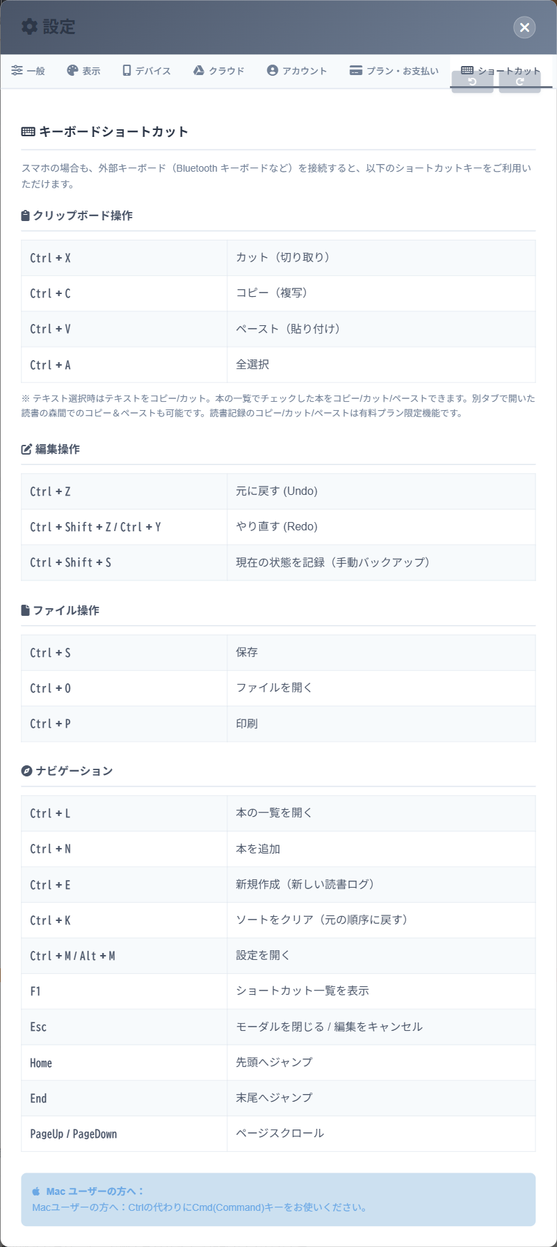 Screenshot showing full view of Shortcuts tab with shortcuts listed by category