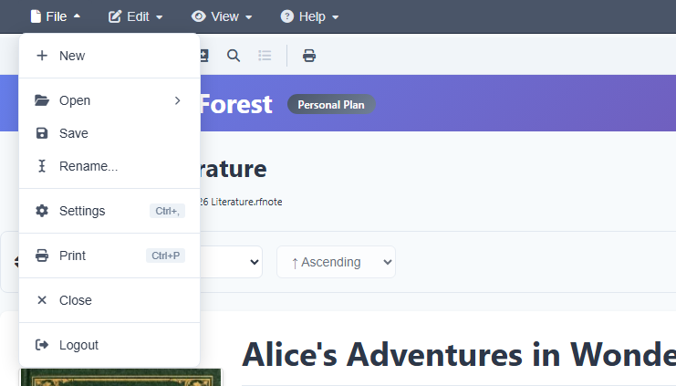 The File menu opened: New, Open, Save and Rename