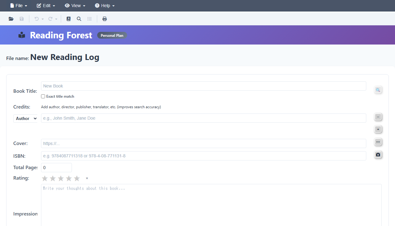 Main window: menu bar, toolbar, reading log file name, work info and progress graph