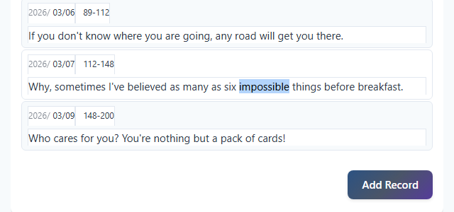 The English word "impossible" selected by dragging inside a reading log memo
